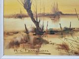 a painting of a boat in the water near a tree
