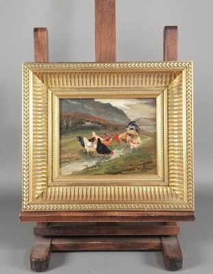 une photo d'un tableau représentant des poulets, posé sur un chevalet