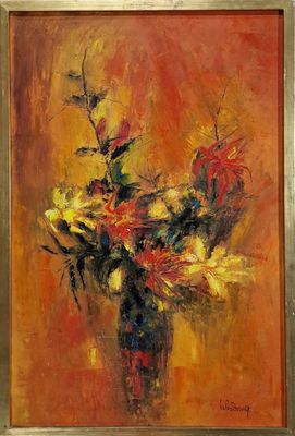 an oil painting of a vase with flowers in it on a table