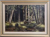 une peinture à l'huile représentant une scène forestière avec une bûche au premier plan