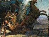 tableau représentant un homme à cheval attaqué par un autre homme