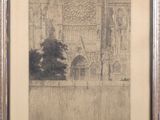 an old drawing of a building with a fountain in front of it