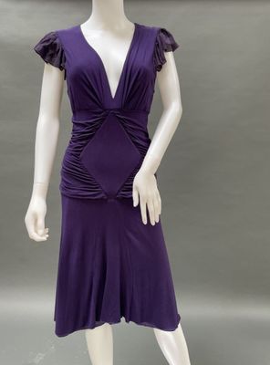 an image of a mannequin wearing a purple dress with ruffles