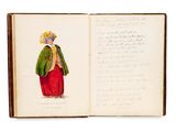 un livre ouvert sur lequel figure le dessin d'une femme en robe rouge