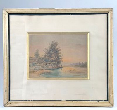 a painting of a landscape with trees and a river in the foreground