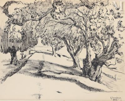 dessin représentant une route bordée d'arbres dans une zone boisée