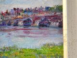 an oil painting of a bridge over a river in a white frame