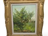 painting of an apple tree in a gold frame on a white background