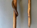 pair of wooden canes with a snake wrapped around them on a gray surface