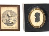 two framed pictures of a man and a woman sitting on a bench