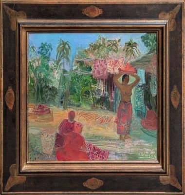 une peinture à l'huile représentant une femme portant un panier sur la tête