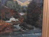 a painting of a river running through a forest
