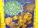 une écharpe jaune et bleue sur laquelle sont représentés des fruits