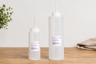 deux bouteilles de liquide posées sur une table, à côté d'une plante en pot