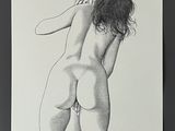 drawing of a nude woman leaning against a pole with her back to the camera