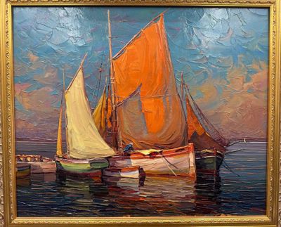 a painting of a sailboat in the water with orange sails