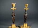 pair of antique bronze candlesticks with female figures on bases