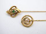 pair of gold tone hair pins with green and white stones