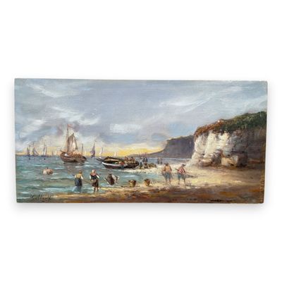 painting of a beach scene with boats and people on the shore