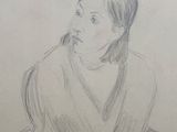 drawing of a woman sitting in a chair with her hands on her knees