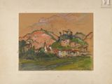 une image représentant un tableau d'un village avec un château en arrière-plan