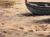 a painting of two boats sitting on the beach