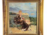 une peinture à l'huile représentant une femme assise sur un banc avec un chien