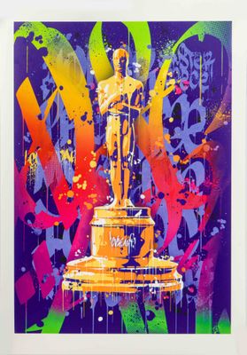 une image représentant une peinture d'une statuette des Oscars entourée d'éclaboussures de peinture