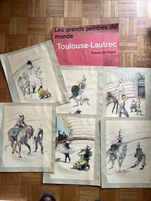 many pictures of people riding horses on the floor