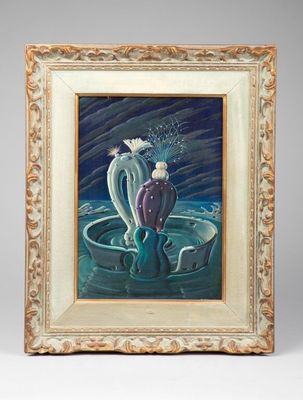 tableau représentant une femme dans un bateau avec un chat dans l'eau