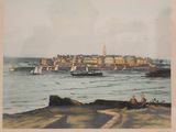 tableau représentant une vue d'un port avec des bateaux et des bâtiments en arrière-plan