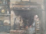 a painting of a woman sitting in a chair in front of a fire place