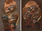 deux tableaux représentant un tableau où figure un groupe de personnes sur un nuage
