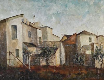 une peinture à l'huile représentant une rangée de maisons dans un cadre champêtre