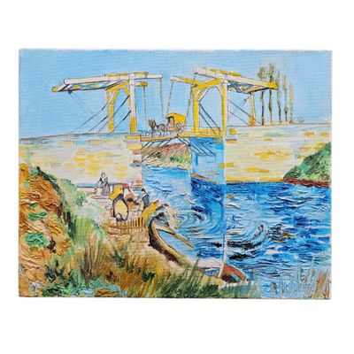 une peinture représentant une peinture d'un pont enjambant un plan d'eau