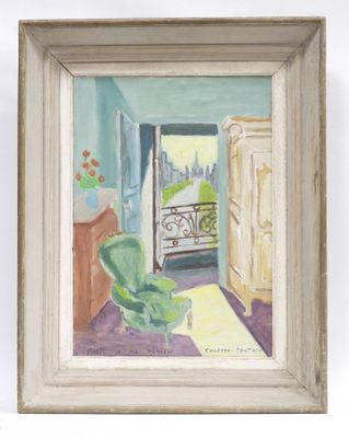 tableau représentant une chaise verte dans une pièce donnant sur un balcon