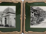 two black and white pictures of a street and a building