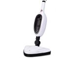 a white and black steam mop sitting on top of a white floor