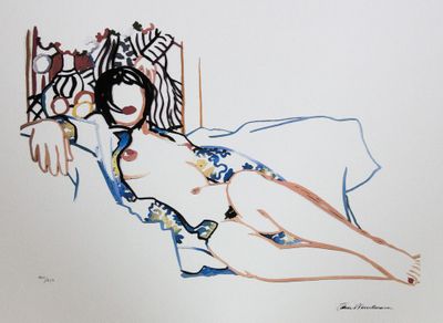 tableau représentant une femme en bikini allongée sur un lit près d'une fenêtre