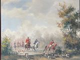 a painting of a group of men riding horses and dogs