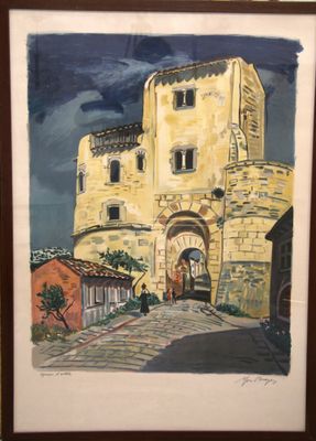peinture représentant un vieux bâtiment avec un portail devant