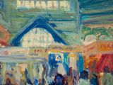an oil painting of a crowd of people walking down a street