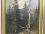 tableau représentant une scène forestière avec des arbres et un ruisseau au premier plan