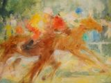 painting of two jockeys racing horses in a race track