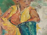 a painting of a child sitting on a beach chair