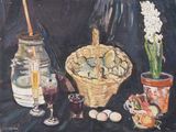 un tableau représentant un panier de provisions posé sur une table