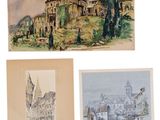 three watercolor paintings of buildings and a church on a hill