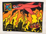 tableau représentant un avion rouge survolant une ville, avec des flammes en arrière-plan