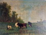 a painting of cows and sheep in a field by the water