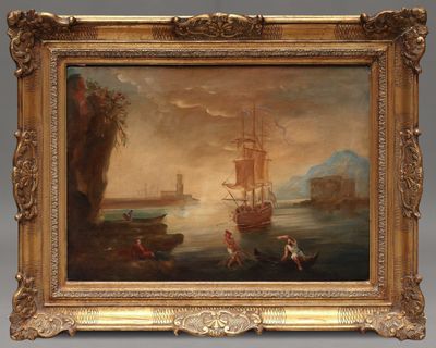 une peinture représentant un bateau sur un plan d'eau, près d'une falaise